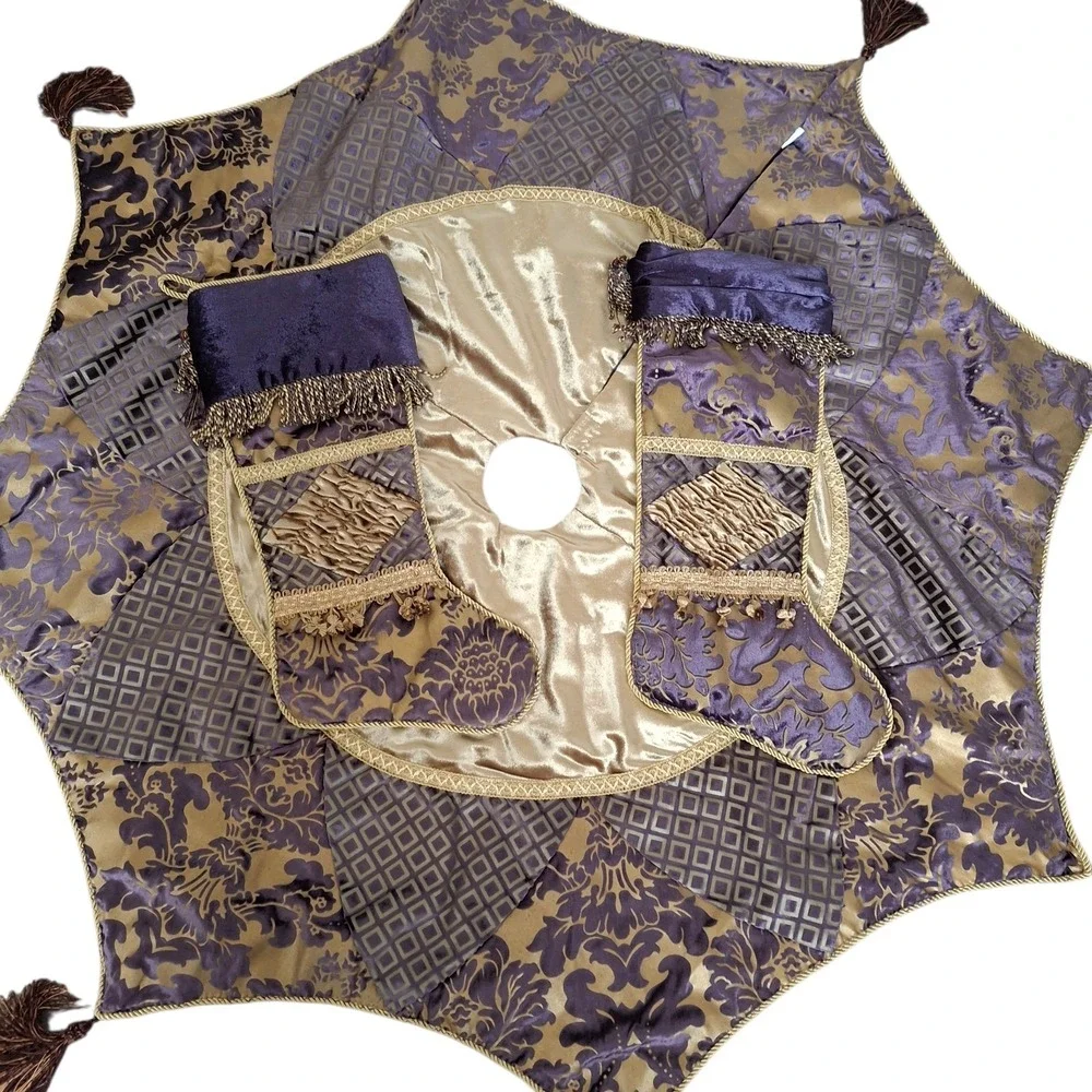 3pc Victorian Style Christmas Set Purple Velvet Tree Skirt &‎ 2 Stockings Tassel